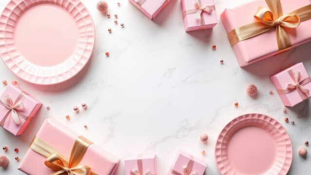 bright pink birthday flat lay gift boxes tableware party setup for joyful celebration marketing material on marble surface overhead view