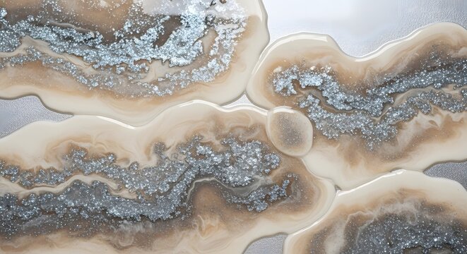 Elegant liquid beige resin pour with silver glitter and marble effect background.