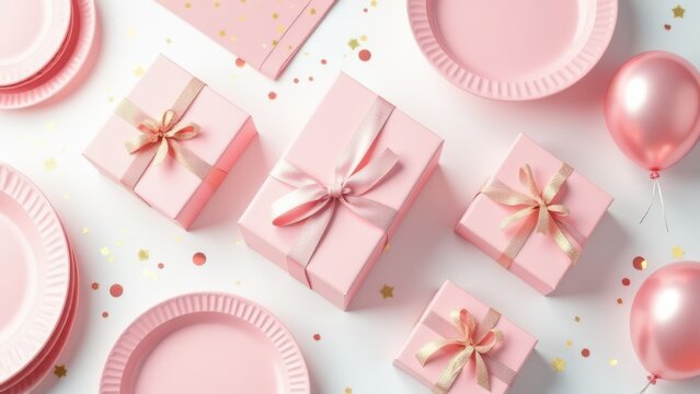 overhead flat lay pink birthday party supplies gift boxes tableware confetti bright celebration advertising white background professional mockup