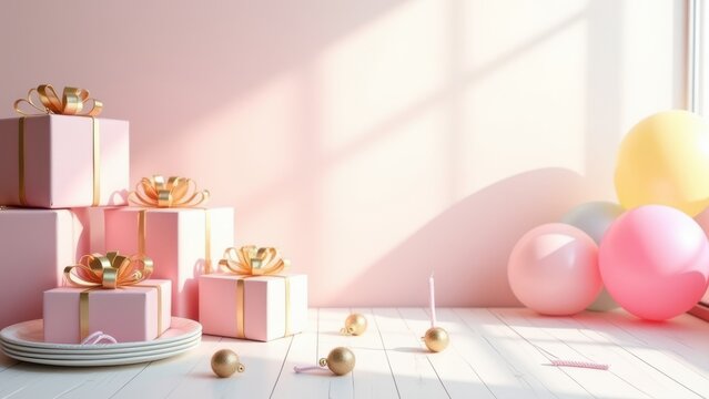 joyful pink birthday party flat lay gift boxes balloons candles sophisticated setup for wedding or celebration design mock up