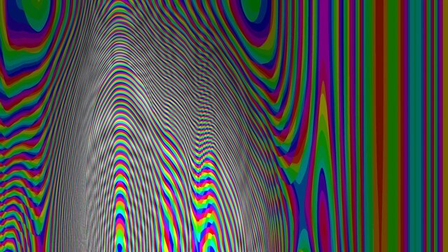 Vibrant glitch distortion warps grayscale waves. Colors pulse, twisting into digital decay