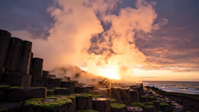 Dramatic sunset over hexagonal basalt columns and misty ocean spray, natural wonder, coastal landscape