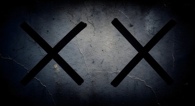 Dark weathered wall with black crosses symbol.