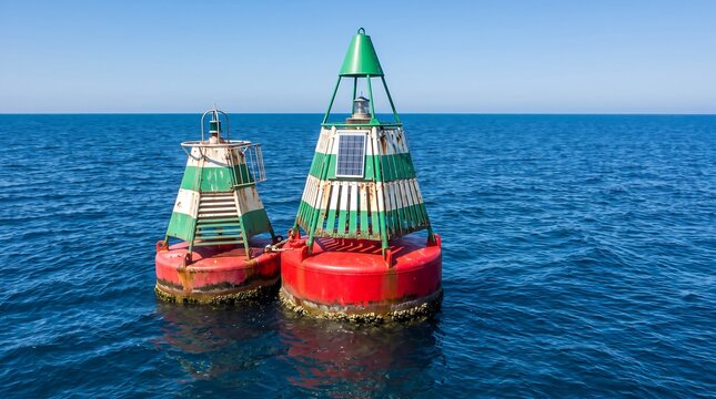 Aerial drone view of two colorful navigation buoys floating in the blue open sea, serving as maritime safety markers