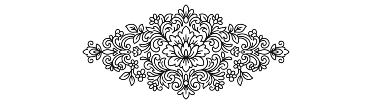 Elegant floral scroll ornament, black and white line art