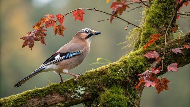 Eurasian jay bird perched on mossy branch in autumn. Colorful wild blue and orange woodland songbird resting on lichen-covered oak tree.