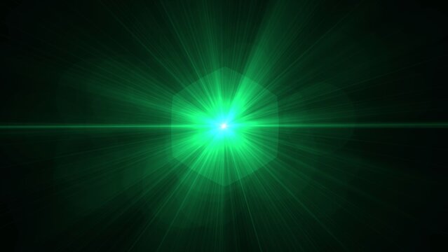 Vibrant green light pulses from center against deep black background. Radiant beams spread out