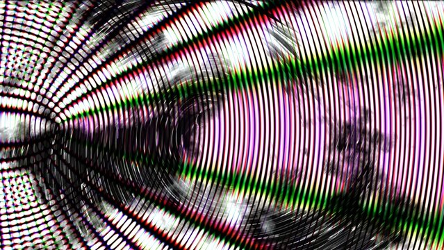 Vibrant lines spiral inward, creating a tunnel of vivid colors. Pink, green