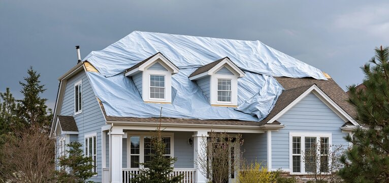 Damaged suburban house undergoing emergency roof repairs under overcast skies, illustrating urgent restoration needs.