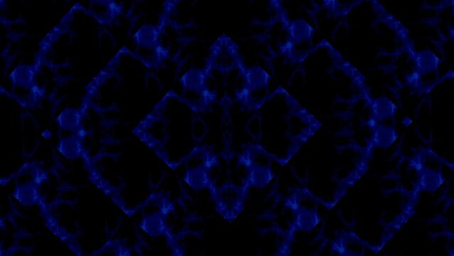 Deep blue fractal patterns pulse against black void. Symmetrical designs glow with hypnotic energy
