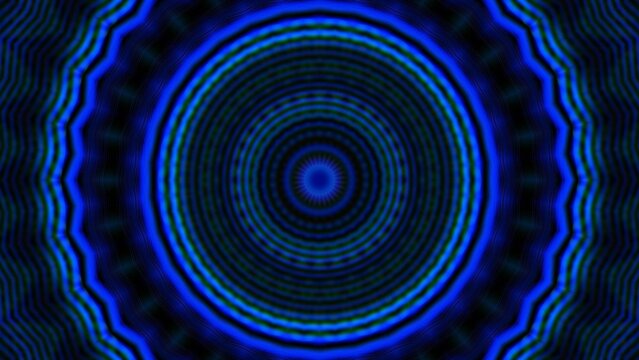 Vibrant blue rings pulse with hypnotic rhythm. Deep shadows frame the glowing, concentric pattern