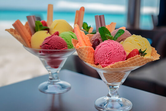 colorful ice cream arrangement   served in the bar on the beach