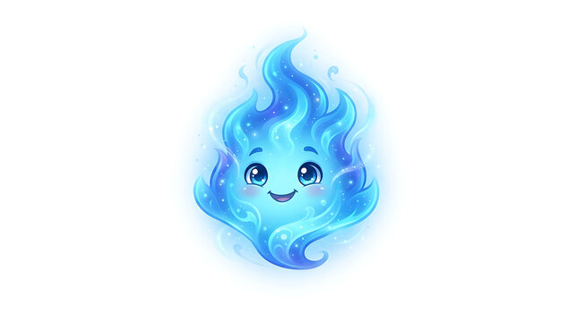 Cute blue flame character with smiling face, digital illustration of a happy fire spirit mascot on white background