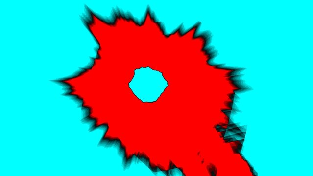 An abstract digital explosion graphic featuring a fiery red burst with a vibrant electric blue background