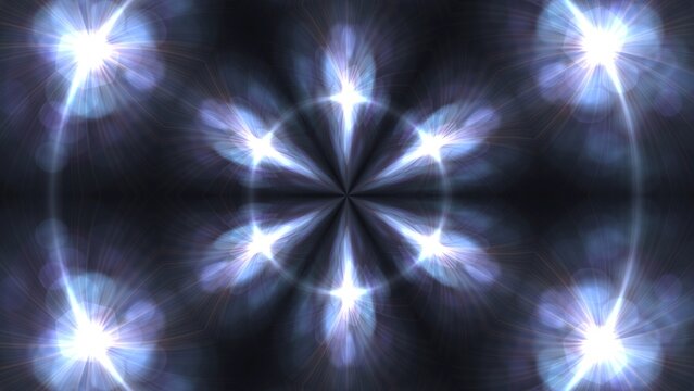 An artistic digital representation featuring a central dark wheel surrounded by glowing star like flares and radiant light effect