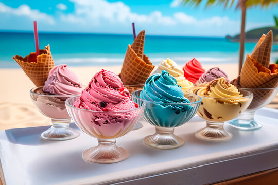 colorful ice cream arrangement   served in the bar on the beach