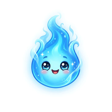 Cute blue fire flame cartoon character with happy smiling face
