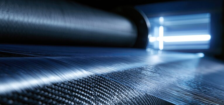Carbon fiber fabric being woven with resin coatings and textured fibers on rollers under blue industrial lighting.