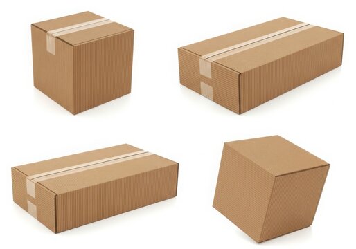 Four brown cardboard boxes in different shapes isolated on white background