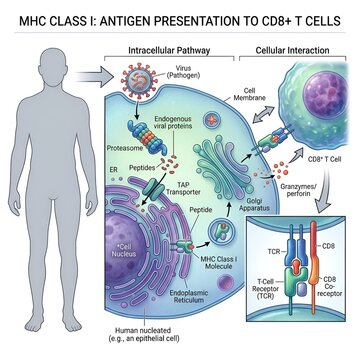 Biological Diagram Explaining the Process of Antigen Presentation to CD8 Plus T Cells via the Major Histocompatibility Complex
