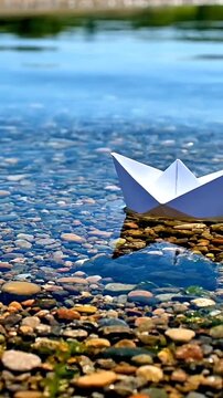 Paper boat floating on calm clear water with pebbles