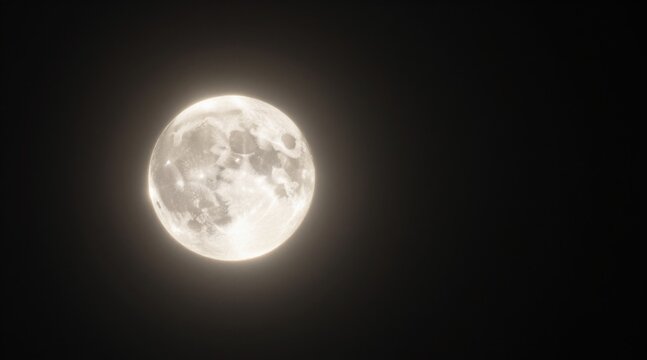 Full moon shines brightly with visible lunar surface details against dark night sky background. Glowing full moon illuminates the dark outer space with detailed surface craters and texture.