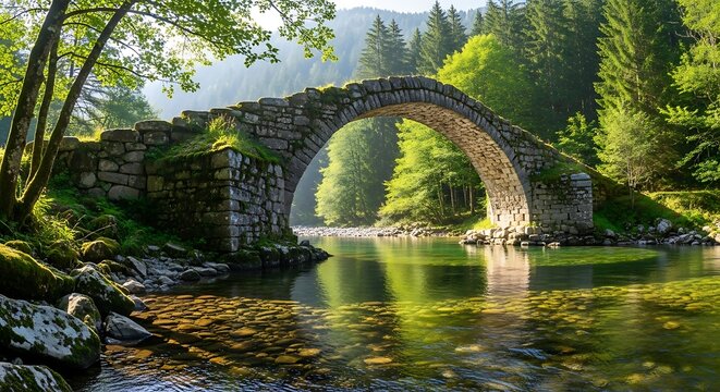 Serene stone arch bridge gracefully spans a tranquil river amidst lush green forest foliage and dappled sunlight