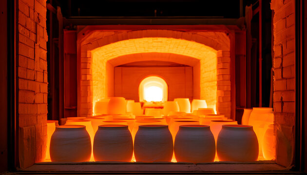 White ceramic parts bake inside industrial kiln at high heat factory facility. Machine workers fire clay product items in hot oven furnace for hardening. Pro manufacturing process makes sanitary ware