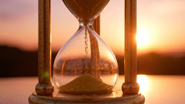 Hourglass with golden sand falling during a serene sunset, symbolizing the passage of time, urgency, and the end of a cycle