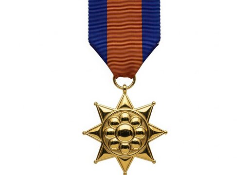 Military medal with star and ribbon isolated on white background