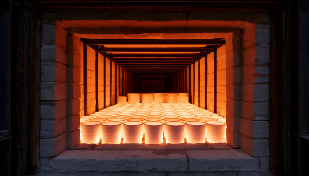 White ceramic parts bake inside industrial kiln at high heat factory facility. Machine workers fire clay product items in hot oven furnace for hardening. Pro manufacturing process makes sanitary ware