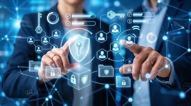 Cybersecurity and digital identity authentication concept with zero trust access on smartphone screen featuring biometric fingerprint encryption and data protection icons for secure mobile login.
