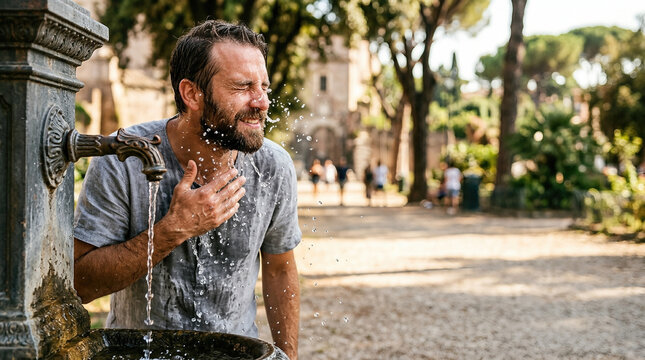 Man washing face with water from fountain in park during extreme heat wave in Europe. Refreshing during hot summer day. Climate change and global warming concept in city environment.