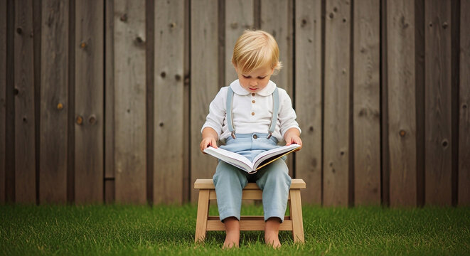 Cute toddler boy in suspenders sitting on a wooden stool and reading a book against a rustic wooden fence