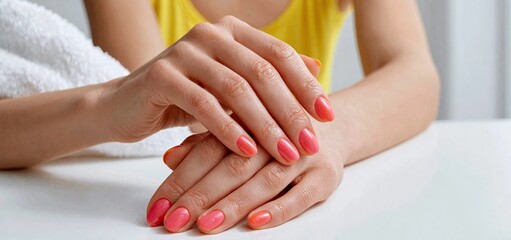 Fototapeta premium Hands with colorful nails getting shaped on a white surface in a bright, inviting beauty salon setting.