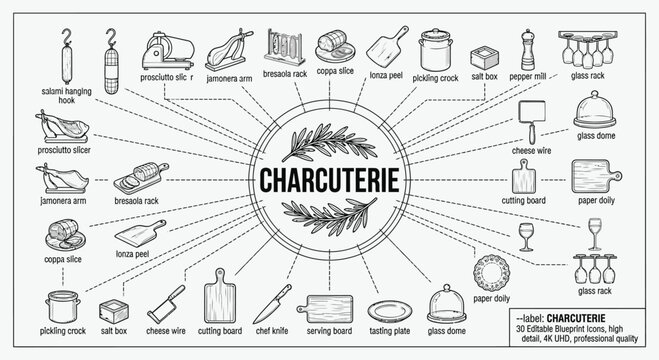 Technical blueprint illustration of charcuterie slicing room icons including prosciutto slicer, jamonera arm, salami hooks, and deli kitchen tools in a vintage sketch style.