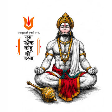 Illustration of Lord Hanuman sitting in rock & prayed on shri rama with musical instrument, surrounded by a halo, celebrating Hanuman Jayanti festival, a significant Hindu religious event