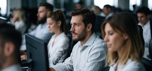 Fototapeta premium In a sleek office environment, two teams collaborate on cybersecurity strategies to enhance digital defense and teamwork.