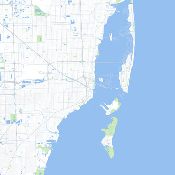 Minimal vector city map of Miami with streets, parks and Biscayne Bay