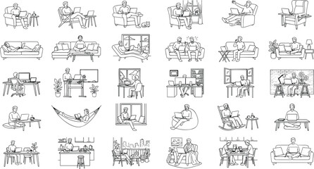 Obraz premium Remote work line art illustration set man working on laptop desk sofa hammock balcony vector collection.
