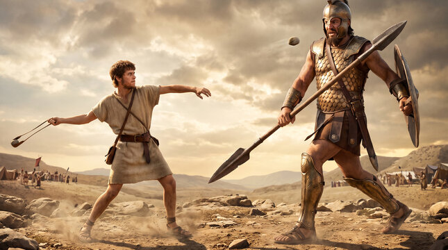 Young David faces the giant Goliath on the battlefield, hurling a stone from his sling with faith
