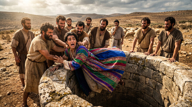  Joseph in his colorful robe is thrown into a pit by his brothers in a desert biblical betrayal scene