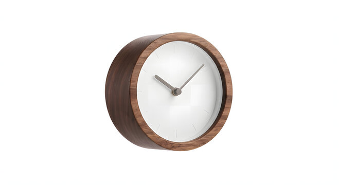 Minimalist round wooden wall clock with white face isolated on white background, 3D render.Scandinavian style wood rimmed analog clock face without numbers, contemporary timepiece.