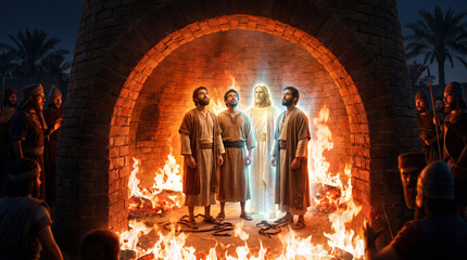 Obraz premium Shadrach, Meshach, and Abednego stand unharmed in the fiery furnace with a divine figure beside them