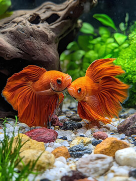 Two Vibrant Orange Betta Fish Interacting in a Lush Freshwater Aquarium with Plants and Driftwood