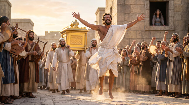 King David dances before the Ark of the Covenant in a joyful sacred procession through Jerusalem