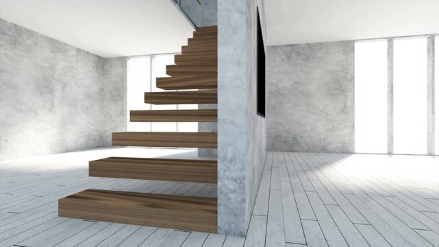 Camera moves through a bright modern loft interior with floating wooden stairs, concrete walls, large windows and a wall-mounted screen in a minimalist 3D render