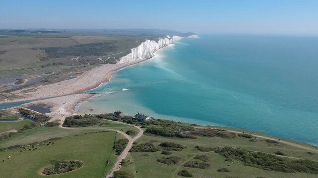 Seven Sisters, East Sussex &mdash; Cinematic Drone View of Chalk Cliffs and Rolling Green Hills, England