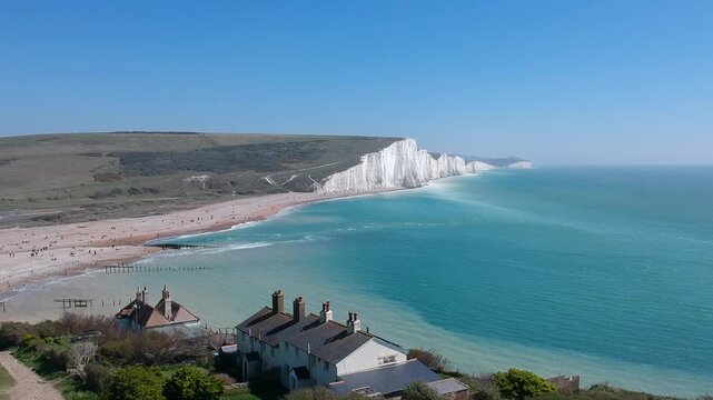 East Sussex, England &mdash; Aerial View of Seven Sisters Cliffs, Coastguard Cottages and Sea, UK