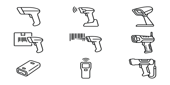 Barcode Scanner Line Icon Set - Inventory Management, Wireless Laser Reader, Logistics, Warehouse, and Retail Scanning Vector Elements